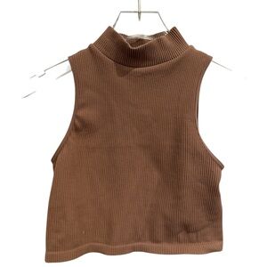 Zara Ribbed Sleeveless Mock Neck Crop Top - Brown